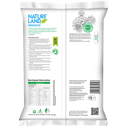 Natureland Organics Whole Wheat Flour, 5 kg Pouch Zero Cholesterol
