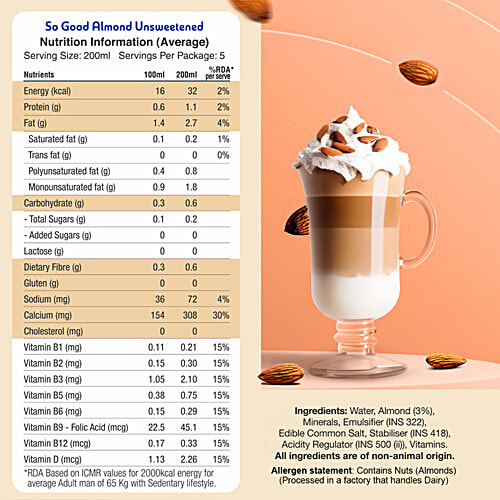 So Good Plant-Based Almond Beverage - Unsweetened, No Added Sugar, 1 L  