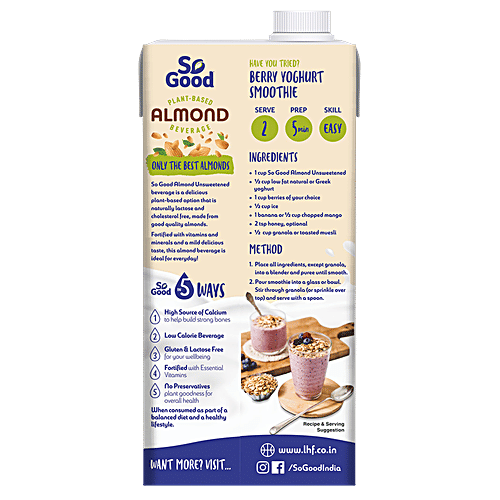 So Good Almond Milk - Natural, Unsweetened, 1 L  