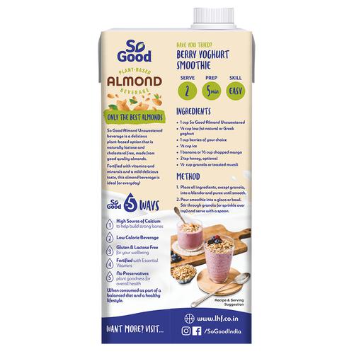 So Good Almond Milk - Natural Unsweetened, Plant Based Beverage, Source Of Calcium, 1 L Tetra Pack 