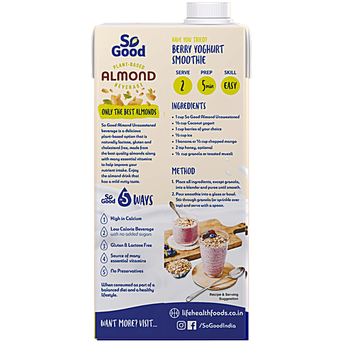 So Good Plant-Based Almond Beverage - Unsweetened, No Added Sugar, 1 L  