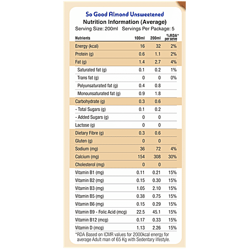 So Good Plant-Based Almond Beverage - Unsweetened, No Added Sugar, 1 L  
