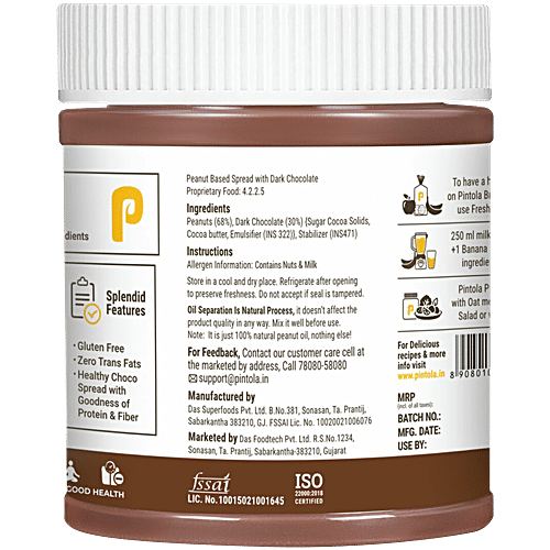 Pintola Dark Chocolate Peanut Butter - Creamy, With 18.6g Protein & 5.2g Fiber, 350 g Creamy, Rich in Protein & Fibre,
