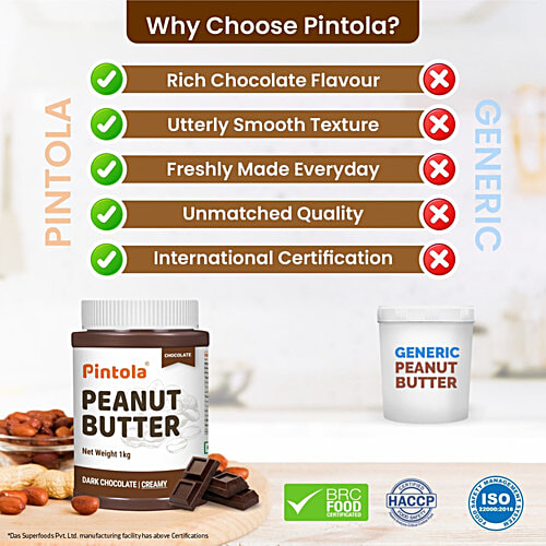 Pintola Dark Chocolate Peanut Butter - Creamy, With 18.6g Protein & 5.2g Fiber, 350 g Creamy, Rich in Protein & Fibre,