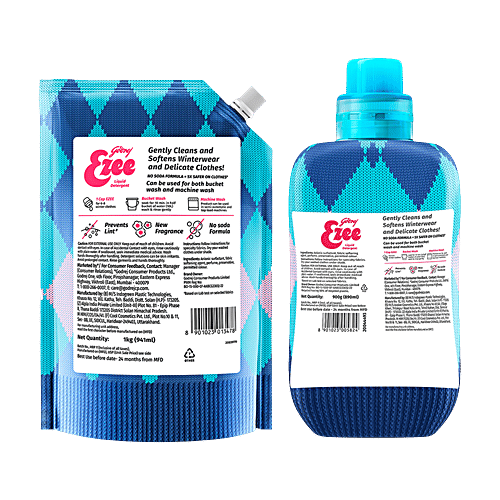 Godrej Ezee Liquid Detergent - For Winter Wear, 2 kg (1 Bottle + 1 Refill) Gently Cleans & Softens, For Winterwear Chiffon & Silks