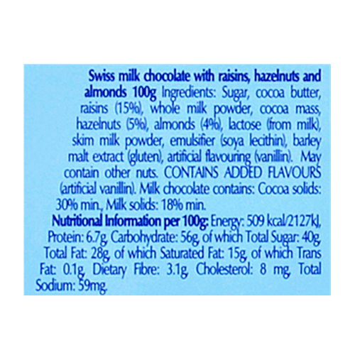 Lindt Swiss Chocolate - Classic Milk Raisin, 100 g  