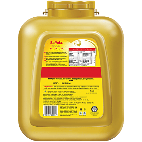 Saffola Gold Oil - Power of 3, Blend Of Rice Bran & Sunflower Oil, 15 L Jar Pro Healthy Lifestyle, Fortified with Vitamins A & D