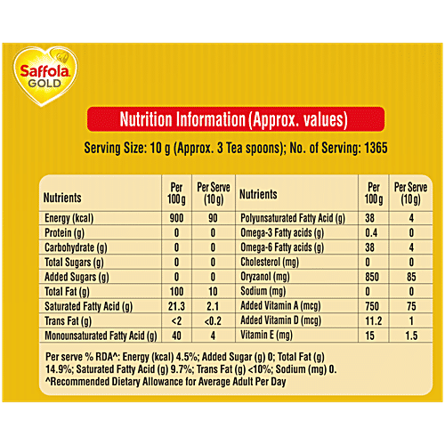 Saffola Gold Oil - Power of 3, Blend Of Rice Bran & Sunflower Oil, 15 L Jar Pro Healthy Lifestyle, Fortified with Vitamins A & D
