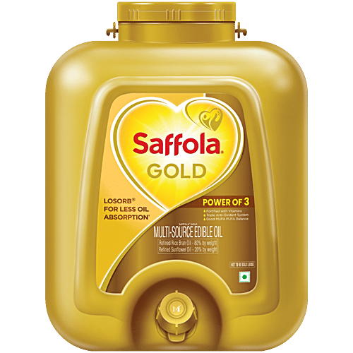 Saffola Gold Oil - Power of 3, Blend Of Rice Bran & Sunflower Oil, 15 L Jar Pro Healthy Lifestyle, Fortified with Vitamins A & D