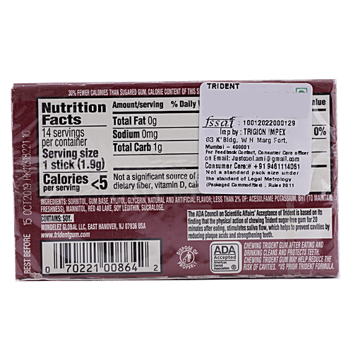 Trident Imported Chewing Gum - Cinnamon Flavoured, Sugar Free, 34 g  Sugar Free