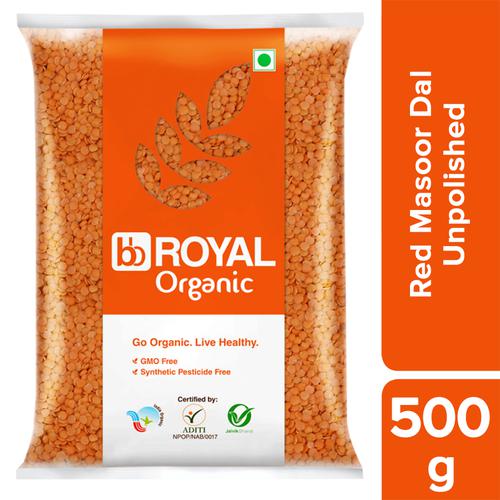 BB Royal Organic - Red Masoor Dal/Mysore Bele, Unpolished, 500 g  GMO Free, Synthetic Pesticide Free