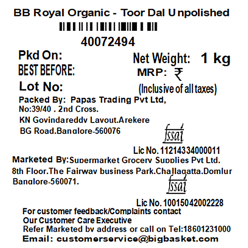 bb Royal Organic - Toor Da/Thuvaram Parupu, 1 kg  