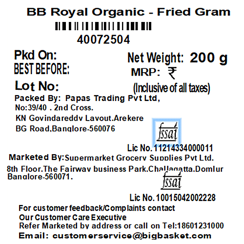 bb Royal Organic Fried Gram/Bhunja Chana Dal, 200 g  