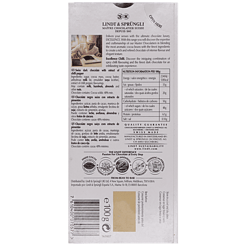 Lindt Excellence Dark Chocolate - Chilli, 100 g  Smooth Mellow Flavour
 Spicy Chilli Composition