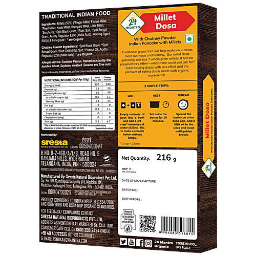 24 Mantra Organic Millet Dosa Mix, 216 g  Rich Source Of Dietary Fibre