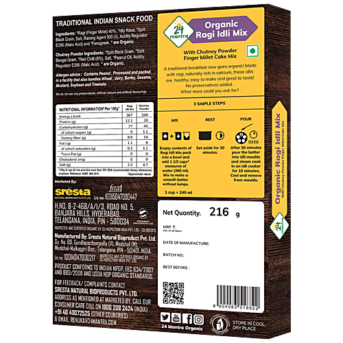 24 Mantra Organic Ragi Idli Mix, 216 g  Source of Protein