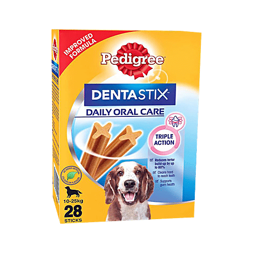 Pedigree Dentastix Dog Treat Oral Care For Adult Medium Breed - 10-25 kg, 720 g (28 Sticks) Monthly Pack, Triple Action, Supports Gum Health
