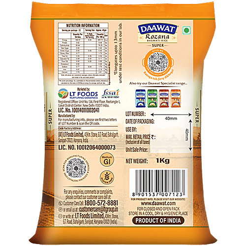 Daawat Basmati Rice/Basmati Tandul - Rozana Super 90, 1 kg Aged up to 2 Years