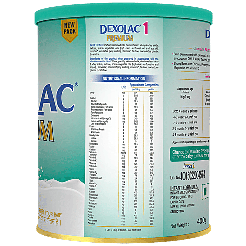 Dexolac Premium Infant Formula Powder - Stage 1, Up to 6 Months, Contains Nutrients, 400 g  Contains Nutrients