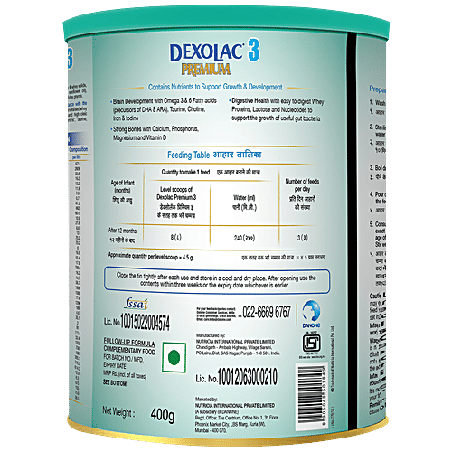 Dexolac Premium Follow-up Formula Powder - Stage 3, After 12 Up to 24 Months, Contains Nutrients, 400 g  Contains Nutrients