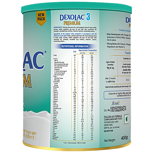Dexolac Premium Follow-up Formula Powder - Stage 3, After 12 Up to 24 Months, Contains Nutrients, 400 g  Contains Nutrients