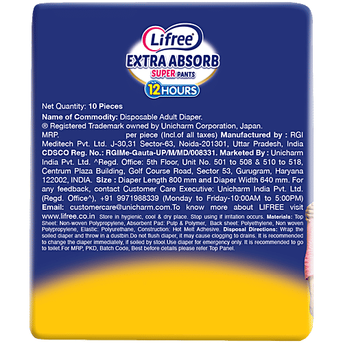 Lifree Super Extra Absorb Disposable Adult Diaper Pants - Unisex, M, 10 pcs  Prevents Leakage & Heaviness, Up to 12 Hours