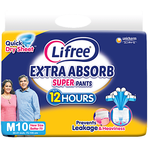 Lifree Super Extra Absorb Disposable Adult Diaper Pants - Unisex, M, 10 pcs  Prevents Leakage & Heaviness, Up to 12 Hours