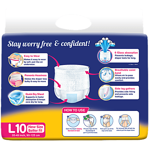Lifree Super Extra Absorb Disposable Adult Diaper Pants - Unisex, L, 10 pcs  Prevents Leakage & Heaviness, Up to 12 Hours