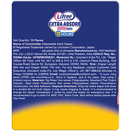 Lifree Super Extra Absorb Disposable Adult Diaper Pants - Unisex, L, 10 pcs  Prevents Leakage & Heaviness, Up to 12 Hours