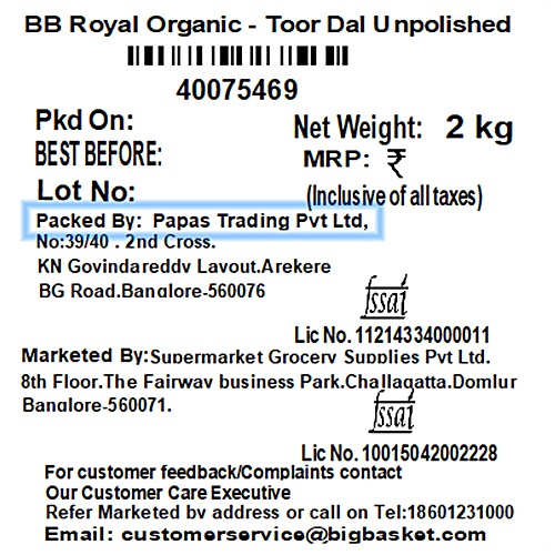 bb Royal Organic - Toor Da//Togari Bele, 2 kg  