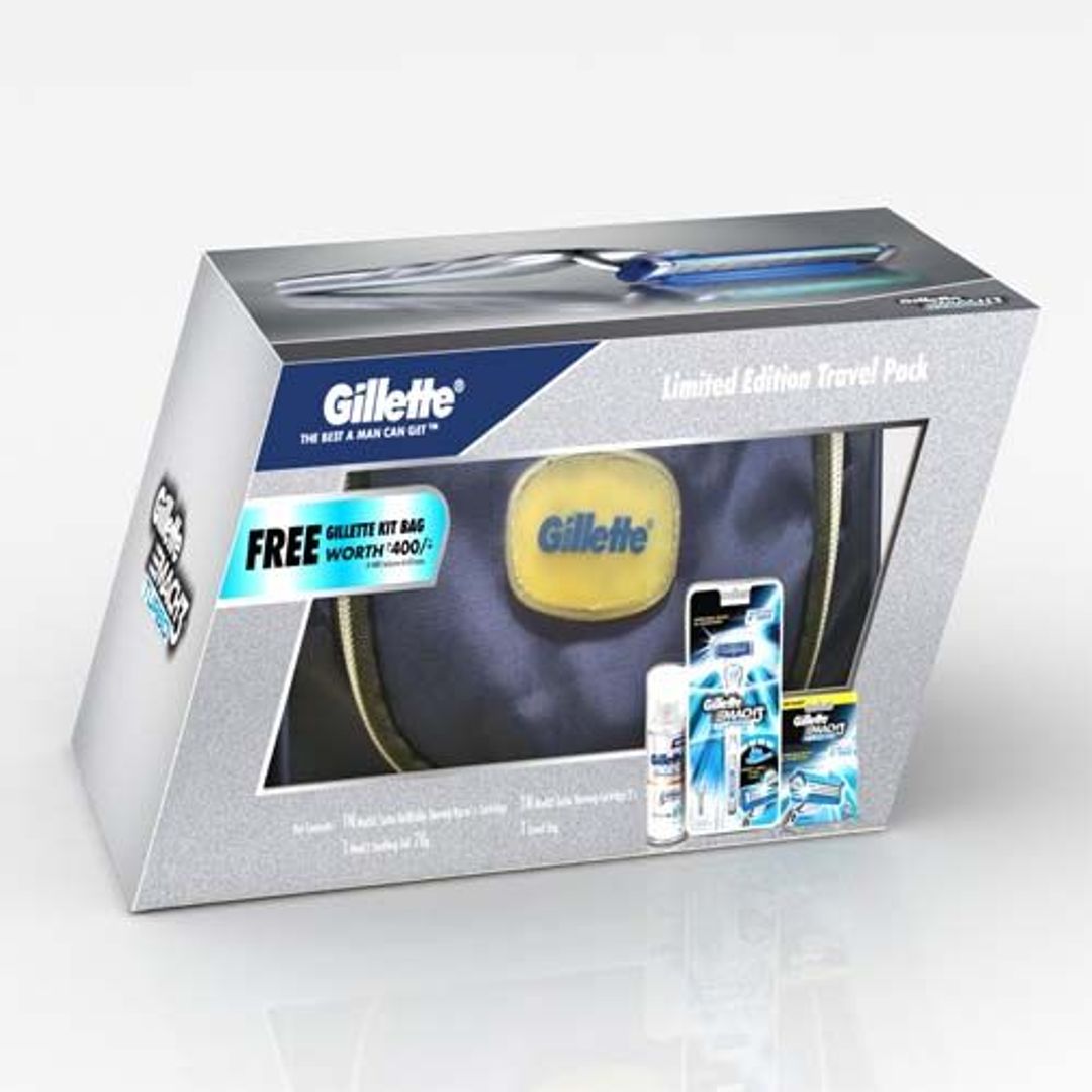 Gillette Mach3 Gift Pack - Razor + 2S Cartridge + Gel, 4 pcs Get Travel Bag Free