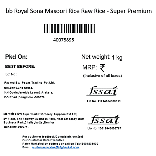 bb Royal Sona Masoori Rice/Akki Raw Rice/Akki - Super Premium, 1 kg (12 + Months Old) 