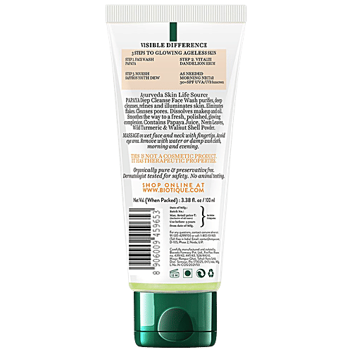 BIOTIQUE Deep Cleanse Face Wash - Papaya, For Visibly Glowing Skin, All Skin Type, 100 ml  100% Botanical Extracts