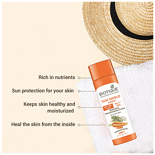 BIOTIQUE Sunscreen Ultra Protective Lotion - Sun Shield, Carrot, 40+ SPF UVB, For Normal To Oil Skin, 120 ml  100% Botanical Extracts