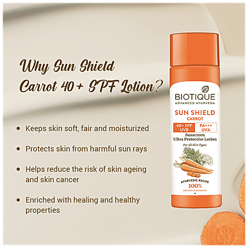 BIOTIQUE Sunscreen Ultra Protective Lotion - Sun Shield, Carrot, 40+ SPF UVB, For Normal To Oil Skin, 120 ml  100% Botanical Extracts