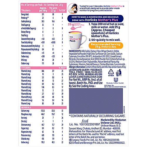 Horlicks Mother's Plus Kesar Flavoured Nutrition For Pregnancy & Lactation, 400 g  Contains Dietary Fibre, 25 Vital Nutrients, No Added Sugar, High Protein