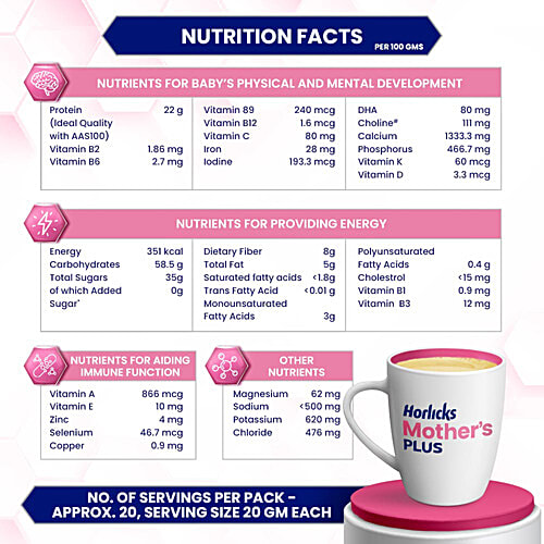 Horlicks Mother's Plus Kesar Flavoured Nutrition For Pregnancy & Lactation, 400 g  Contains Dietary Fibre, 25 Vital Nutrients, No Added Sugar, High Protein