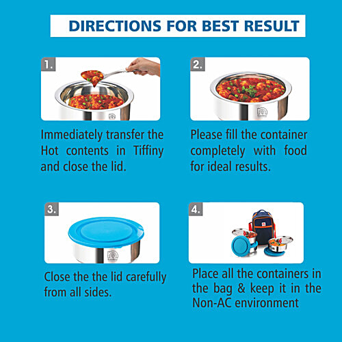 NanoNine Steel Lunch/Tiffin Box Set With Bag - Medium, Tiffany, 450 ml Set of 3 Leakproof