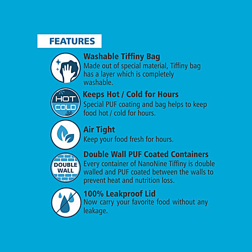 NanoNine Steel Lunch/Tiffin Box Set With Bag - Medium, Tiffany, 450 ml Set of 3 Leakproof