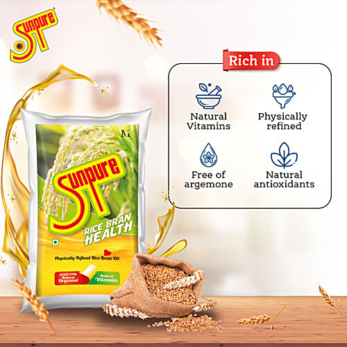 Sunpure  Rice Bran Health Physically Refined Rice Bran Oil - Contains Natural Oryzanol & Natural Vitamins, 1 L Pouch Free from Argemone Oil