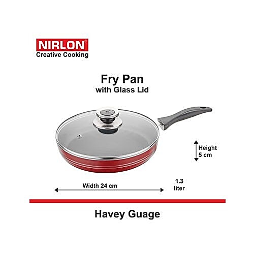 Nirlon Non-Stick Heavy Gauge Frying Pan - With Glass Lid, 3 Layer, 24 cm, 3.2 mm, Red, 1.3 l 100% Non Toxic