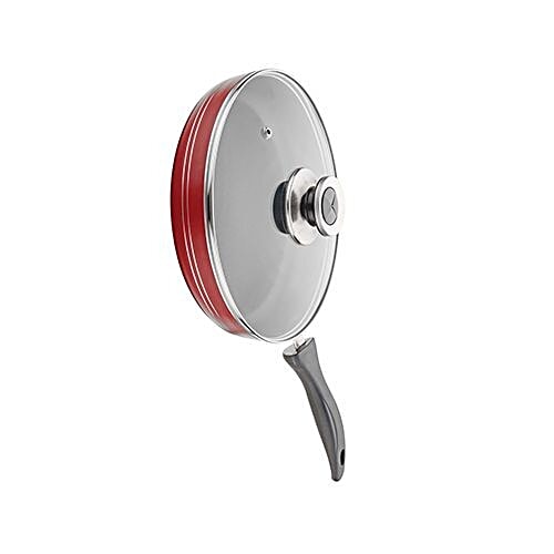 Nirlon Non-Stick Heavy Gauge Frying Pan - With Glass Lid, 3 Layer, 24 cm, 3.2 mm, Red, 1.3 l 100% Non Toxic