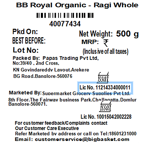 bb Royal Organic - Ragi Whole/Finger Millet, 500 g  