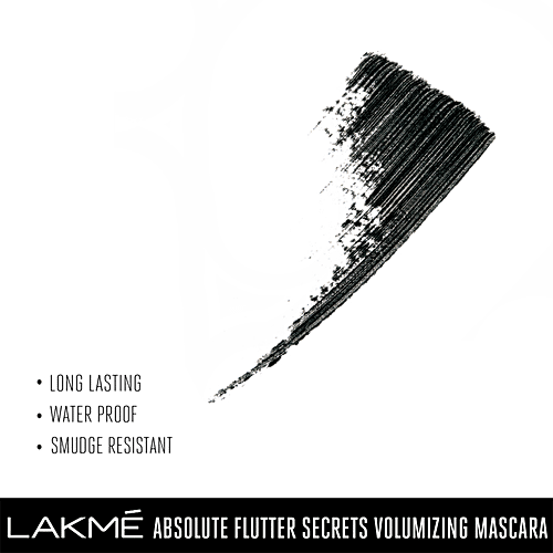 Lakme Absolute Flutter Secrets Volumising Mascara, 7 ml Black Smudge Resistant, Water Proof