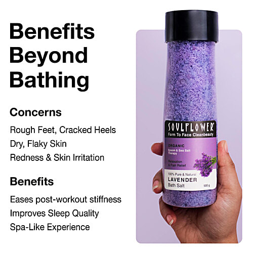 Soulflower Epsom Lavender Bath Salt - Body & Foot Spa, Muscle Pain, Clinically Tested, 500 g  