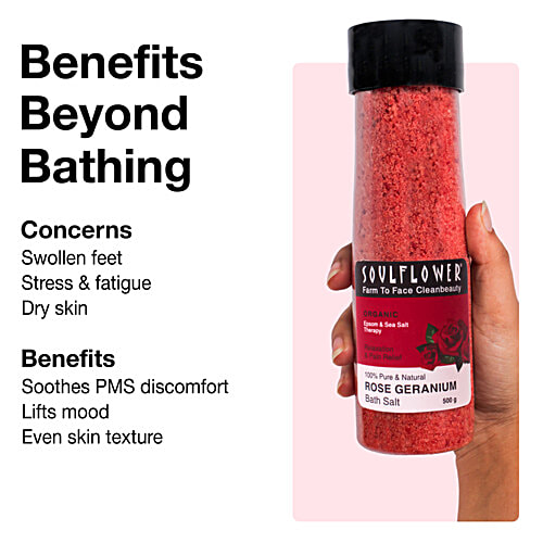 Soulflower Epsom Bath Salt Rose Geranium - Foot, Body, Muscle Aches, Pain Relief, Relaxing, 500 g
