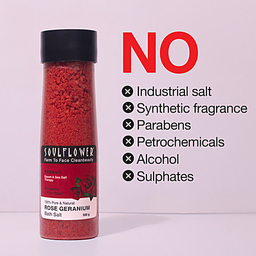 Soulflower Epsom Bath Salt Rose Geranium - Foot, Body, Muscle Aches, Pain Relief, Relaxing, 500 g