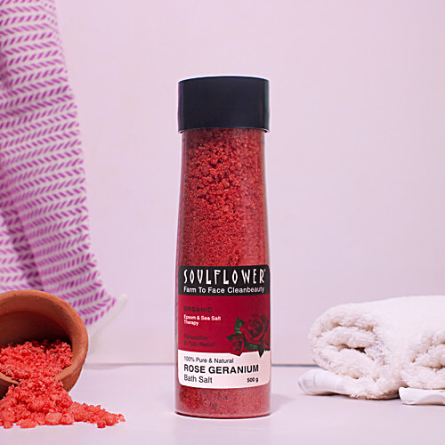 Soulflower Epsom Bath Salt Rose Geranium - Foot, Body, Muscle Aches, Pain Relief, Relaxing, 500 g