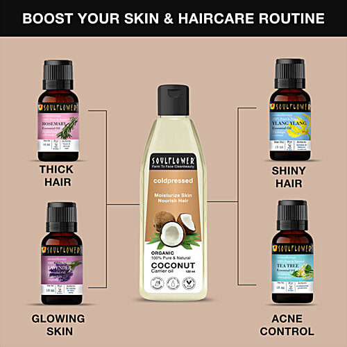 Soulflower Coconut Carrier Oil - For Hair Nourishment & Face Glow, Cold Pressed, 225 ml  Pure & Natural