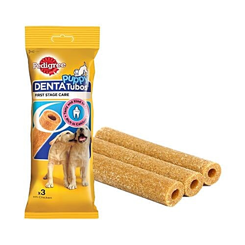 Pedigree Denta Tubos - Chicken Flavoured First Stage Oral Care, For Puppy, 72 g (3 Sticks) 